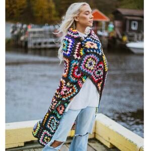 Vintage Granny Square Festival Crochet Afghan Rainbow Multicolor Blanket Throw